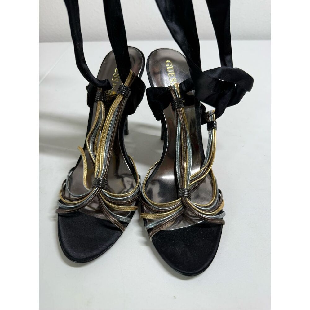 New Guess by Marciano Metallic Black Satin Lace Up Heels
